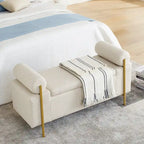 Banc de rangement capitonné en lin beige/vert avec accoudoirs cylindriques et pieds en fer - Usage unique