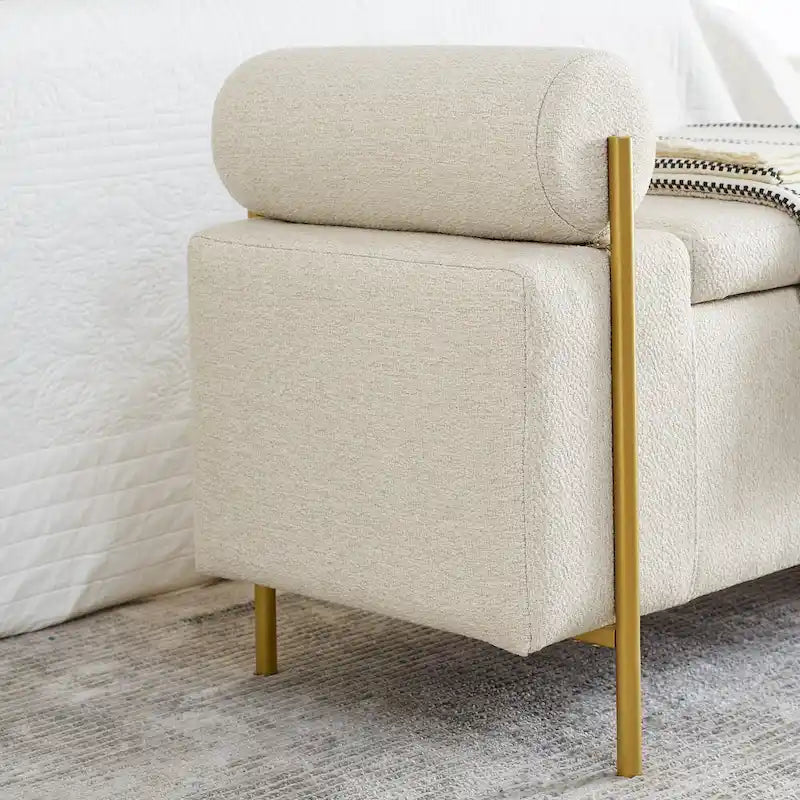 Banc de rangement capitonné en lin beige/vert avec accoudoirs cylindriques et pieds en fer - Usage unique