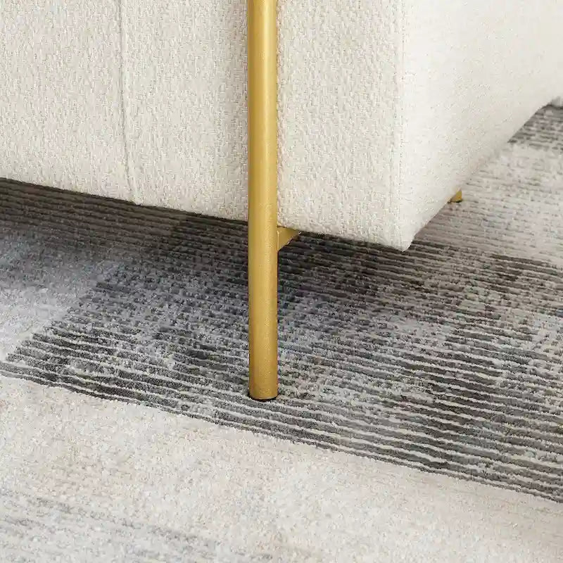 Banc de rangement capitonné en lin beige/vert avec accoudoirs cylindriques et pieds en fer - Usage unique