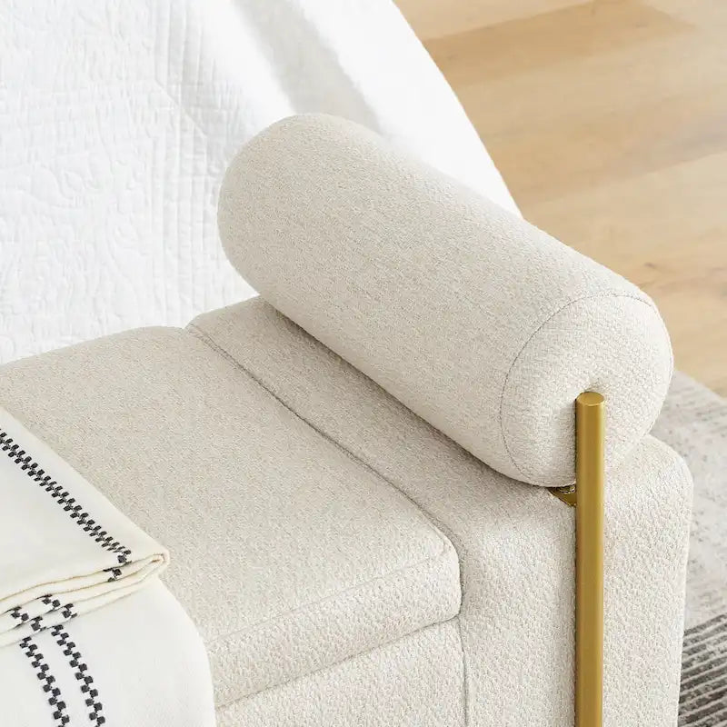 Banc de rangement capitonné en lin beige/vert avec accoudoirs cylindriques et pieds en fer - Usage unique