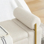 Banc de rangement capitonné en lin beige/vert avec accoudoirs cylindriques et pieds en fer - Usage unique
