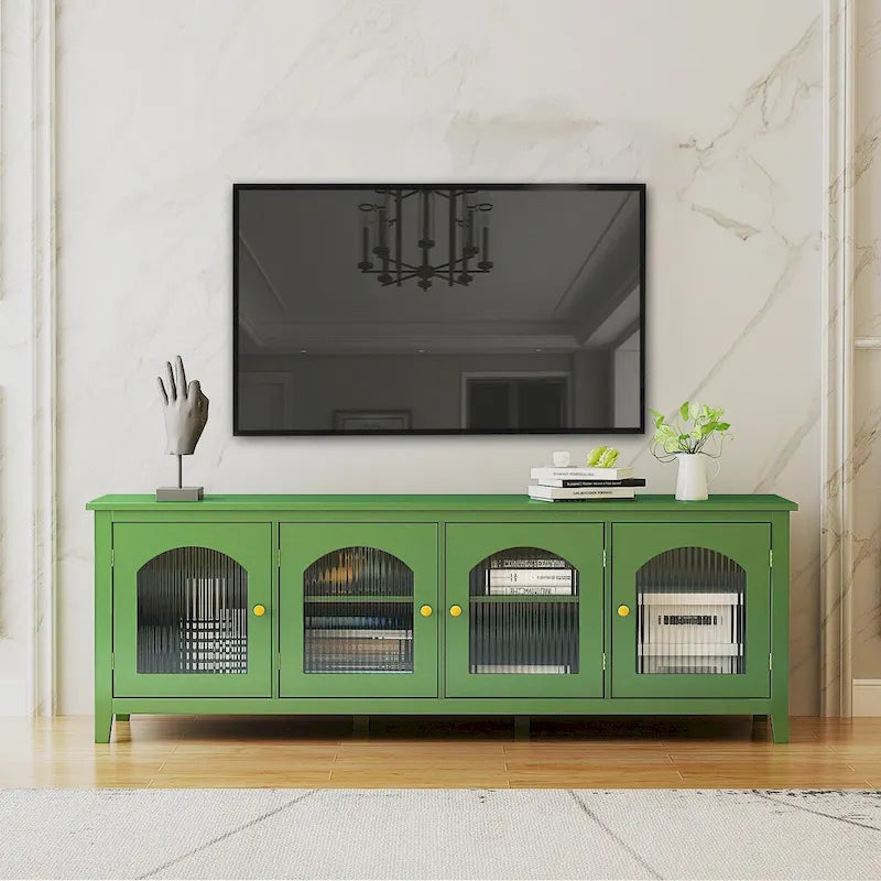 Meuble TV moderne en MDF et verre avec portes coloris vert antique / bleu antique / blanc antique - Pour TV jusqu'à 70"