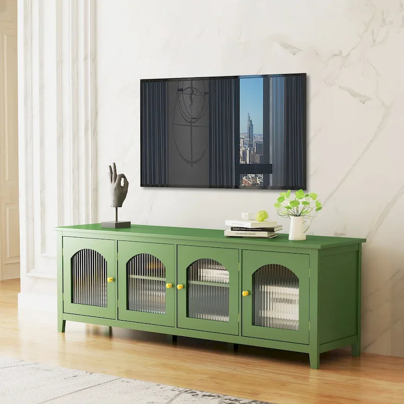 Meuble TV moderne en MDF et verre avec portes coloris vert antique / bleu antique / blanc antique - Pour TV jusqu'à 70"