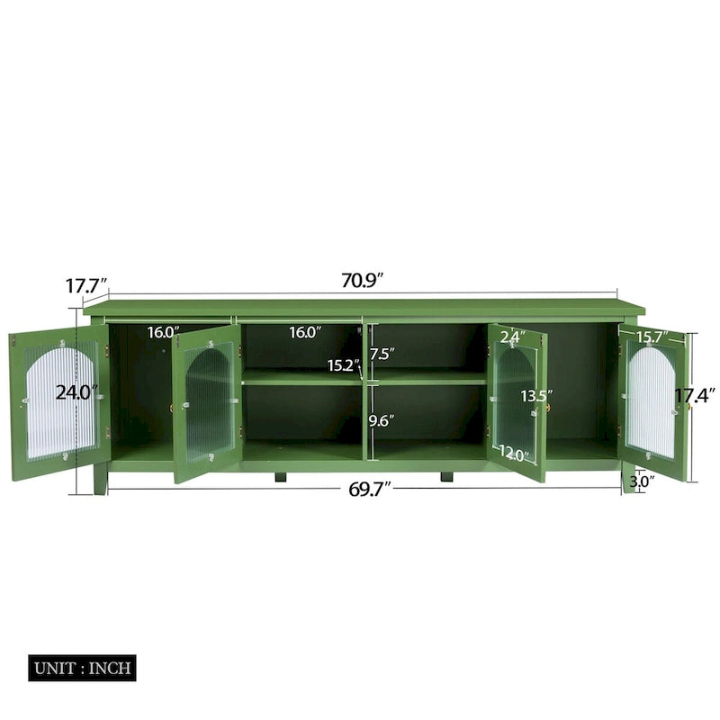 Meuble TV moderne en MDF et verre avec portes coloris vert antique / bleu antique / blanc antique - Pour TV jusqu'à 70"