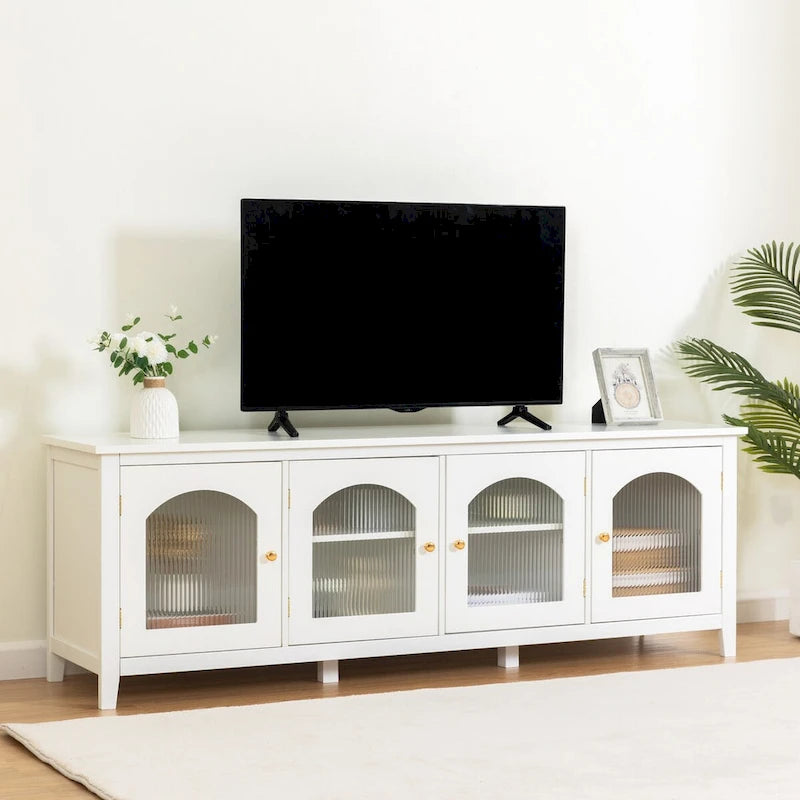 Meuble TV moderne en MDF et verre avec portes coloris vert antique / bleu antique / blanc antique - Pour TV jusqu'à 70"