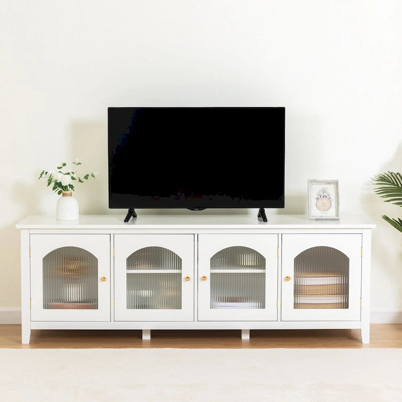 Meuble TV moderne en MDF et verre avec portes coloris vert antique / bleu antique / blanc antique - Pour TV jusqu'à 70"