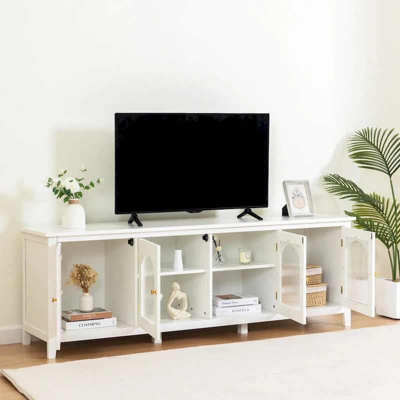 Meuble TV moderne en MDF et verre avec portes coloris vert antique / bleu antique / blanc antique - Pour TV jusqu'à 70"