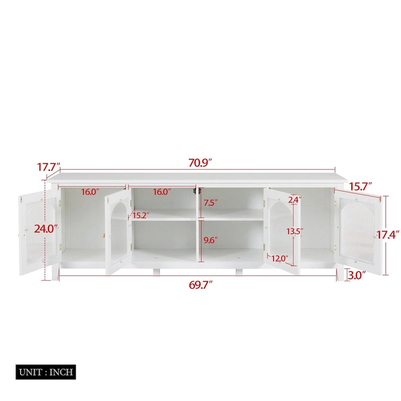 Meuble TV moderne en MDF et verre avec portes coloris vert antique / bleu antique / blanc antique - Pour TV jusqu'à 70"