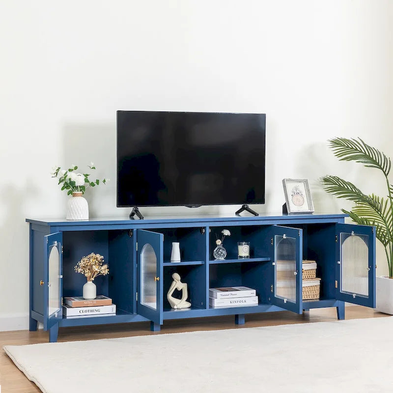 Meuble TV moderne en MDF et verre avec portes coloris vert antique / bleu antique / blanc antique - Pour TV jusqu'à 70"