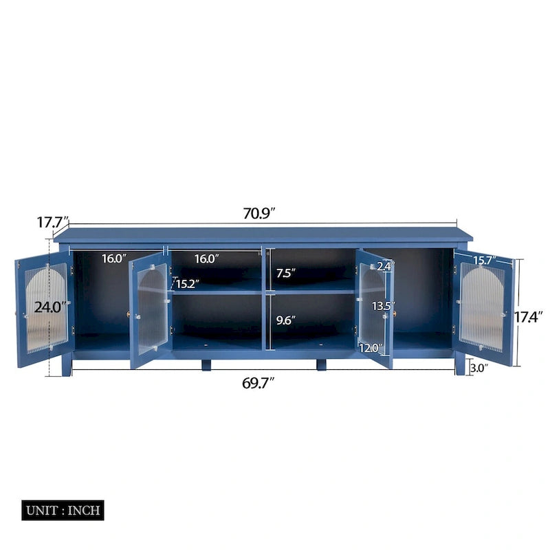 Meuble TV moderne en MDF et verre avec portes coloris vert antique / bleu antique / blanc antique - Pour TV jusqu'à 70"