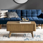 Table basse Art Déco à plateau relevable et cannelée en noyer naturel/chêne doré/chêne noir avec rangement caché – Usage unique