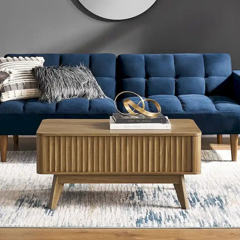 Table basse Art Déco à plateau relevable et cannelée en noyer naturel/chêne doré/chêne noir avec rangement caché – Usage unique