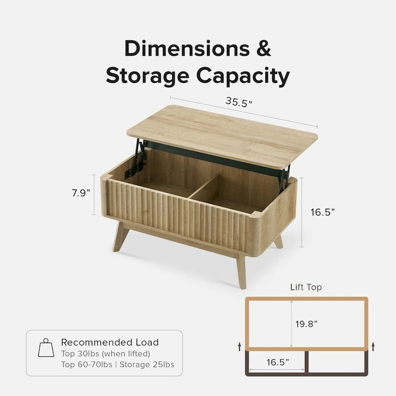 Table basse Art Déco à plateau relevable et cannelée en noyer naturel/chêne doré/chêne noir avec rangement caché – Usage unique