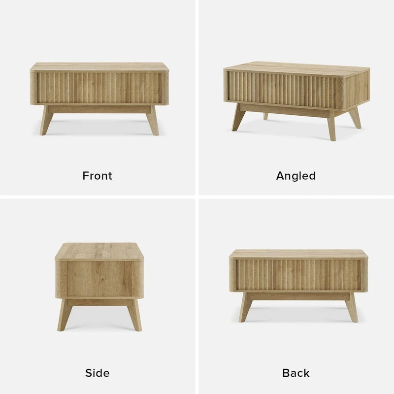 Table basse Art Déco à plateau relevable et cannelée en noyer naturel/chêne doré/chêne noir avec rangement caché – Usage unique