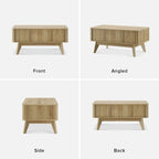Table basse Art Déco à plateau relevable et cannelée en noyer naturel/chêne doré/chêne noir avec rangement caché – Usage unique