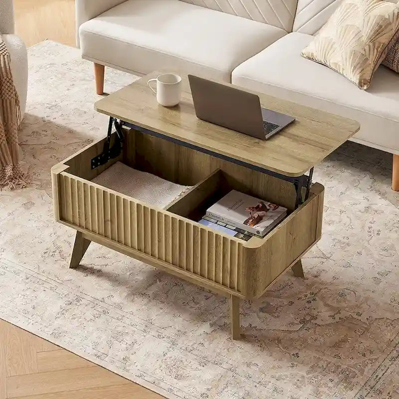 Table basse Art Déco à plateau relevable et cannelée en noyer naturel/chêne doré/chêne noir avec rangement caché – Usage unique