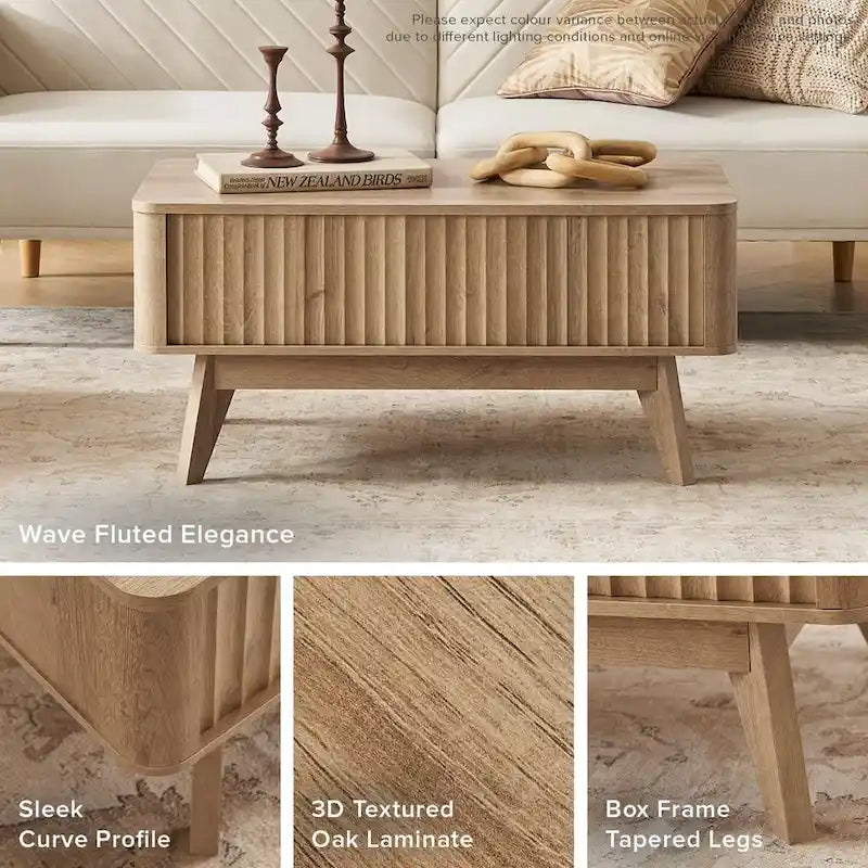 Table basse Art Déco à plateau relevable et cannelée en noyer naturel/chêne doré/chêne noir avec rangement caché – Usage unique