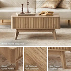 Table basse Art Déco à plateau relevable et cannelée en noyer naturel/chêne doré/chêne noir avec rangement caché – Usage unique