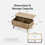 Table basse Art Déco à plateau relevable et cannelée en noyer naturel/chêne doré/chêne noir avec rangement caché – Usage unique
