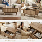 Table basse Art Déco à plateau relevable et cannelée en noyer naturel/chêne doré/chêne noir avec rangement caché – Usage unique