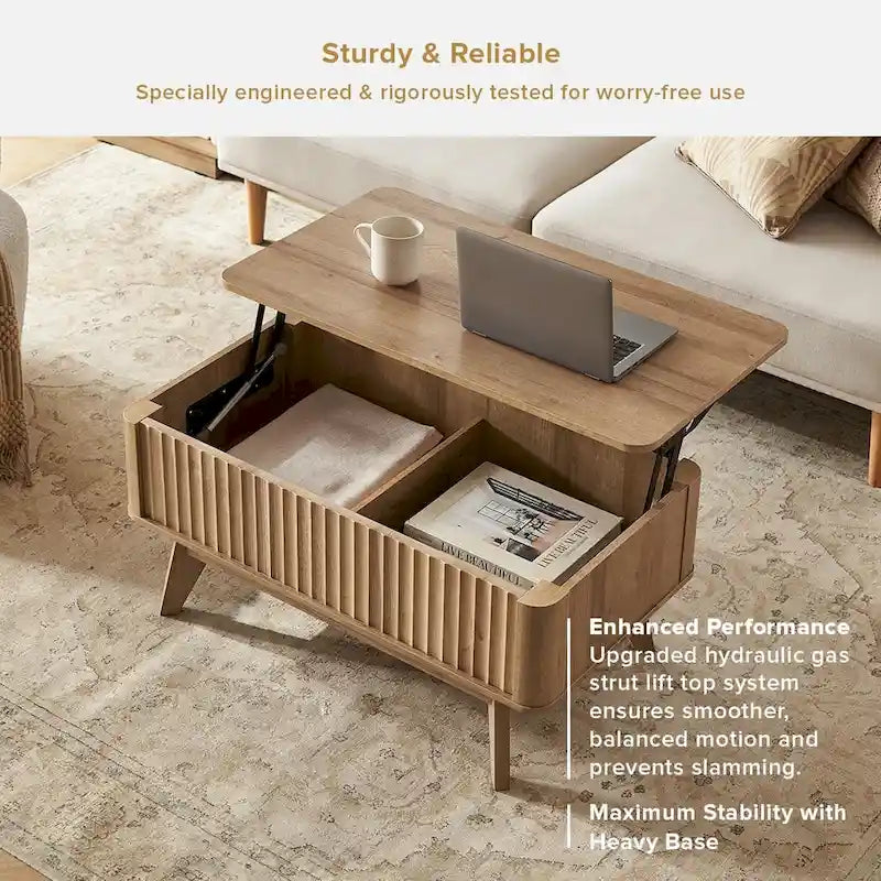 Table basse Art Déco à plateau relevable et cannelée en noyer naturel/chêne doré/chêne noir avec rangement caché – Usage unique