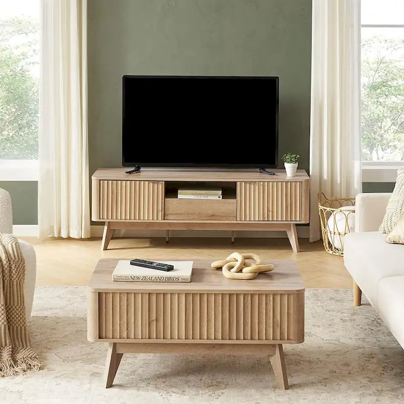 Table basse Art Déco à plateau relevable et cannelée en noyer naturel/chêne doré/chêne noir avec rangement caché – Usage unique