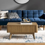 Table basse Art Déco à plateau relevable et cannelée en noyer naturel/chêne doré/chêne noir avec rangement caché – Usage unique