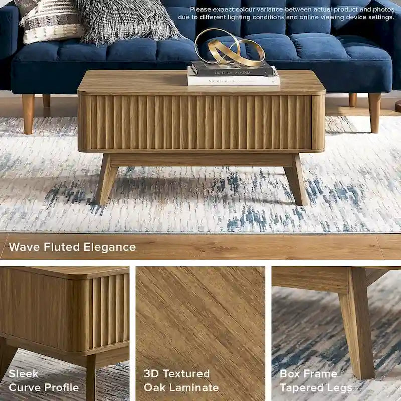 Table basse Art Déco à plateau relevable et cannelée en noyer naturel/chêne doré/chêne noir avec rangement caché – Usage unique