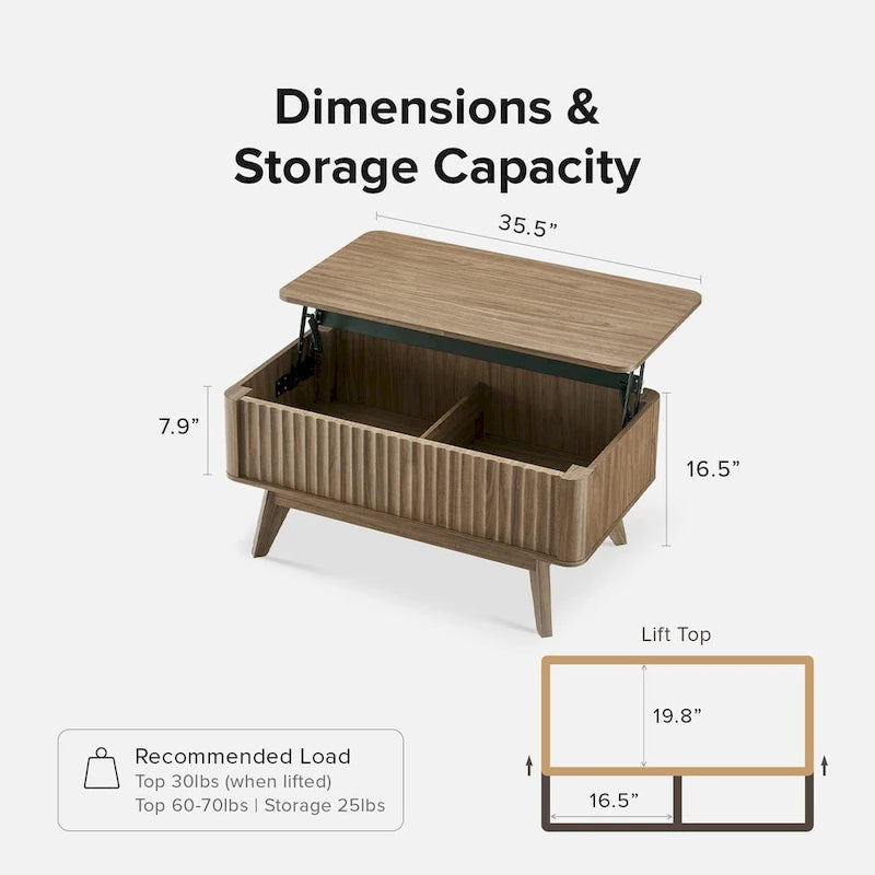 Table basse Art Déco à plateau relevable et cannelée en noyer naturel/chêne doré/chêne noir avec rangement caché – Usage unique