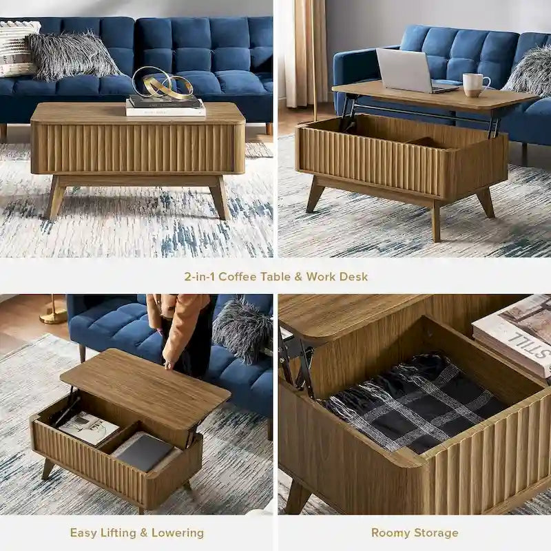 Table basse Art Déco à plateau relevable et cannelée en noyer naturel/chêne doré/chêne noir avec rangement caché – Usage unique