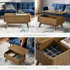 Table basse Art Déco à plateau relevable et cannelée en noyer naturel/chêne doré/chêne noir avec rangement caché – Usage unique