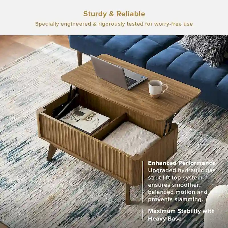 Table basse Art Déco à plateau relevable et cannelée en noyer naturel/chêne doré/chêne noir avec rangement caché – Usage unique