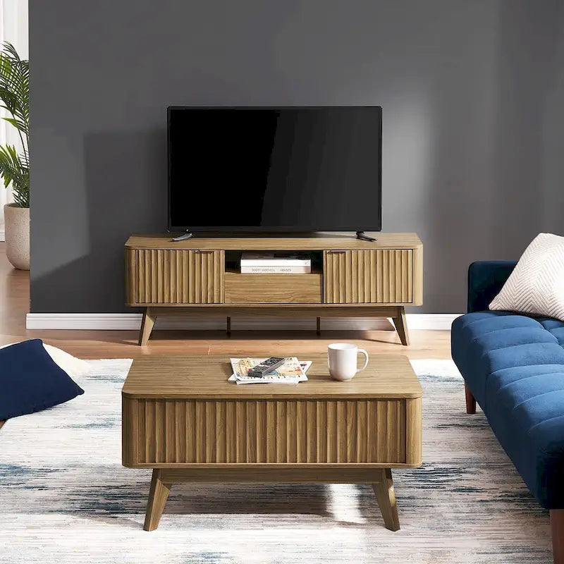 Table basse Art Déco à plateau relevable et cannelée en noyer naturel/chêne doré/chêne noir avec rangement caché – Usage unique