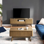 Table basse Art Déco à plateau relevable et cannelée en noyer naturel/chêne doré/chêne noir avec rangement caché – Usage unique