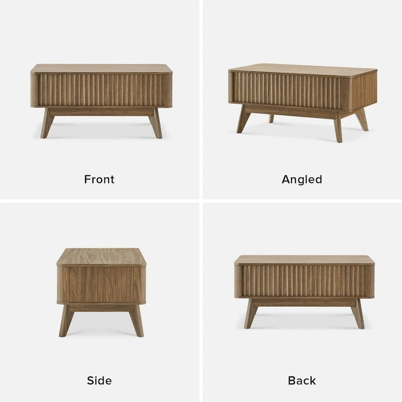 Table basse Art Déco à plateau relevable et cannelée en noyer naturel/chêne doré/chêne noir avec rangement caché – Usage unique