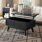 Table basse Art Déco à plateau relevable et cannelée en noyer naturel/chêne doré/chêne noir avec rangement caché – Usage unique
