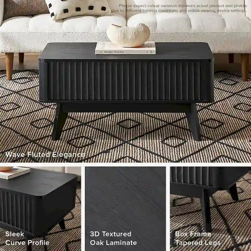 Table basse Art Déco à plateau relevable et cannelée en noyer naturel/chêne doré/chêne noir avec rangement caché – Usage unique
