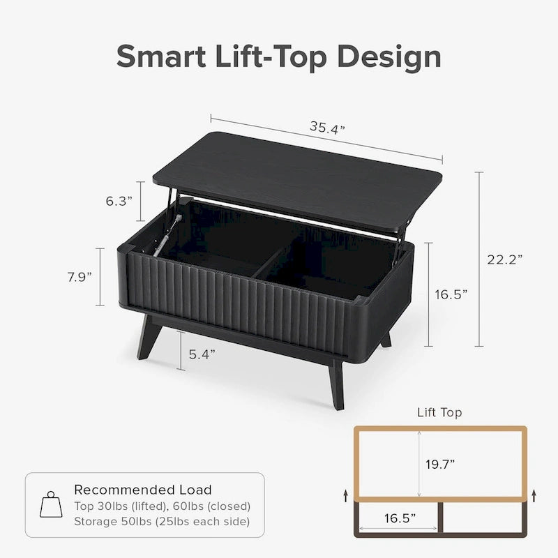 Table basse Art Déco à plateau relevable et cannelée en noyer naturel/chêne doré/chêne noir avec rangement caché – Usage unique