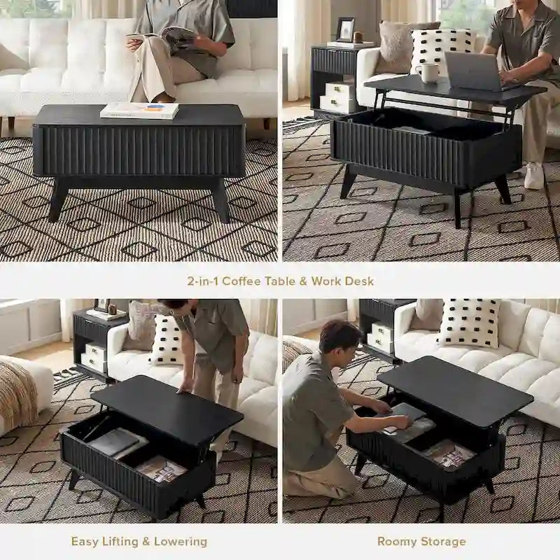 Table basse Art Déco à plateau relevable et cannelée en noyer naturel/chêne doré/chêne noir avec rangement caché – Usage unique