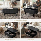Table basse Art Déco à plateau relevable et cannelée en noyer naturel/chêne doré/chêne noir avec rangement caché – Usage unique
