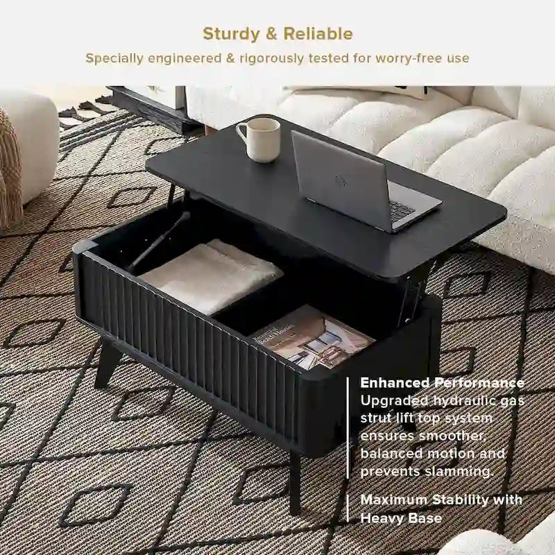 Table basse Art Déco à plateau relevable et cannelée en noyer naturel/chêne doré/chêne noir avec rangement caché – Usage unique