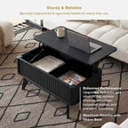 Table basse Art Déco à plateau relevable et cannelée en noyer naturel/chêne doré/chêne noir avec rangement caché – Usage unique