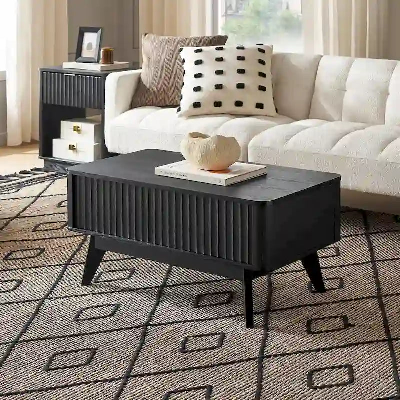 Table basse Art Déco à plateau relevable et cannelée en noyer naturel/chêne doré/chêne noir avec rangement caché – Usage unique