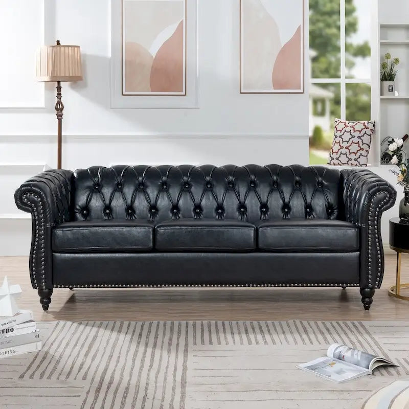 Canapé Chesterfield 3 places en similicuir noir/marron/blanc/orange avec accoudoirs roulés, capitonnage et clous décoratifs