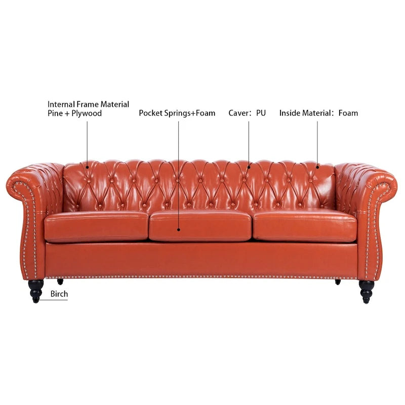 Canapé Chesterfield 3 places en similicuir noir/marron/blanc/orange avec accoudoirs roulés, capitonnage et clous décoratifs