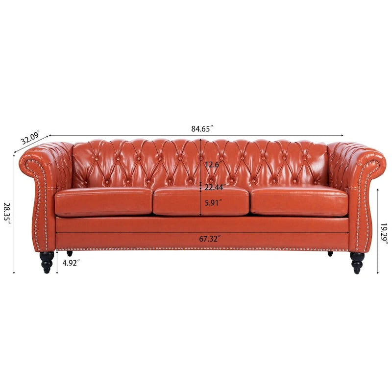 Canapé Chesterfield 3 places en similicuir noir/marron/blanc/orange avec accoudoirs roulés, capitonnage et clous décoratifs