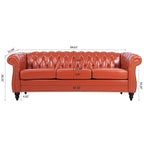 Canapé Chesterfield 3 places en similicuir noir/marron/blanc/orange avec accoudoirs roulés, capitonnage et clous décoratifs