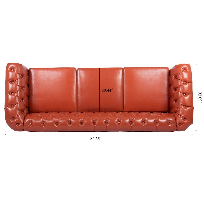 Canapé Chesterfield 3 places en similicuir noir/marron/blanc/orange avec accoudoirs roulés, capitonnage et clous décoratifs