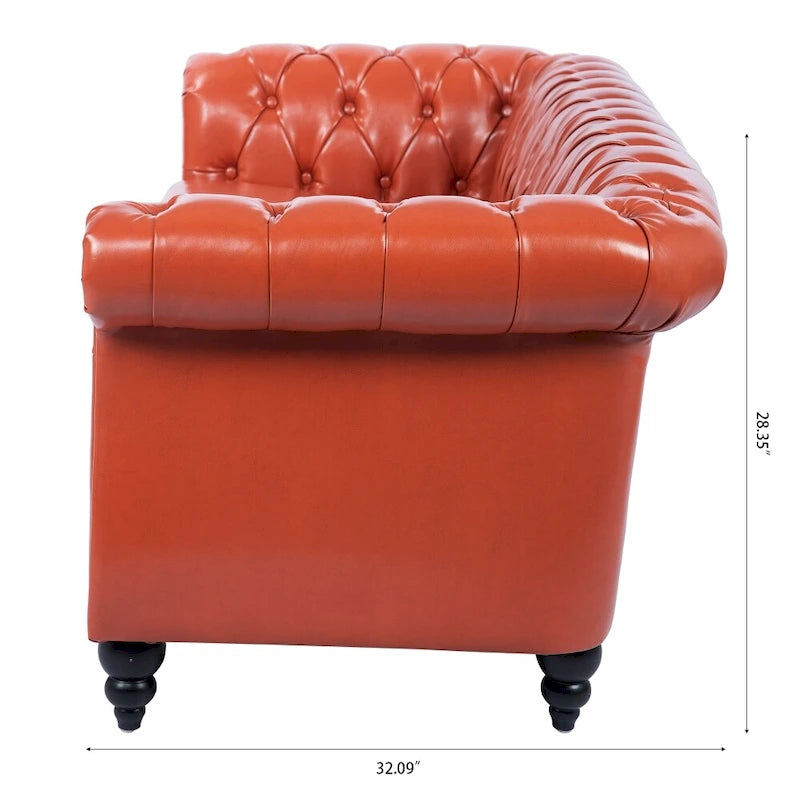 Canapé Chesterfield 3 places en similicuir noir/marron/blanc/orange avec accoudoirs roulés, capitonnage et clous décoratifs
