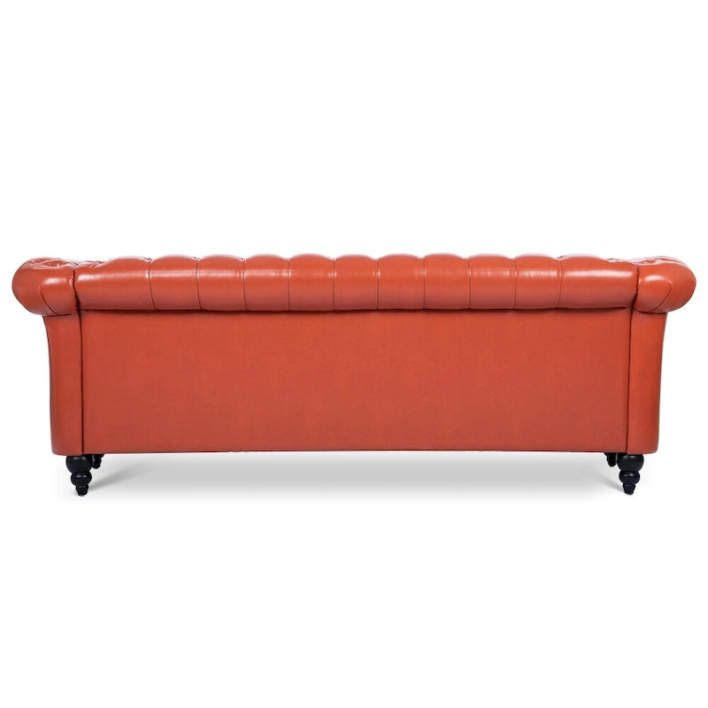 Canapé Chesterfield 3 places en similicuir noir/marron/blanc/orange avec accoudoirs roulés, capitonnage et clous décoratifs